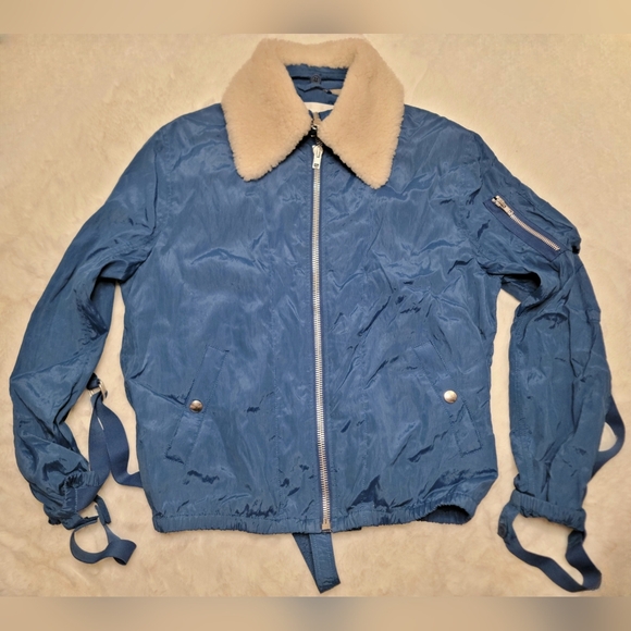 Helmut Lang Jackets & Blazers - Helmut Lang Sheer Bomber Jacket Cobalt Blue Sz XS 100% Lamb Shearling Fur Collar